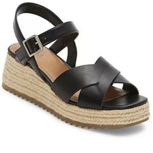 A.N.A. Eloise Sandals Black Wedge Braided Jute Detailing adjustable ankle strap